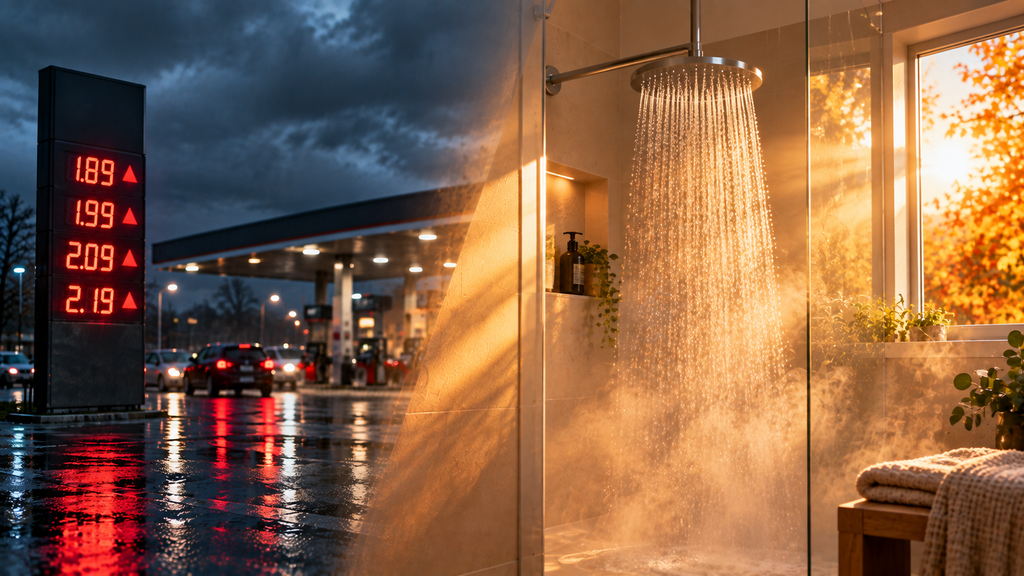 Steigende Spritpreise an der Tankstelle im Regen im Kontrast zu warmem Wasser im Sonnenlicht – Photovoltaik für Warmwasser