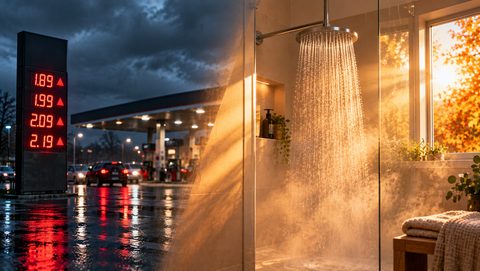 Steigende Spritpreise an der Tankstelle im Regen im Kontrast zu warmem Wasser im Sonnenlicht – Photovoltaik für Warmwasser