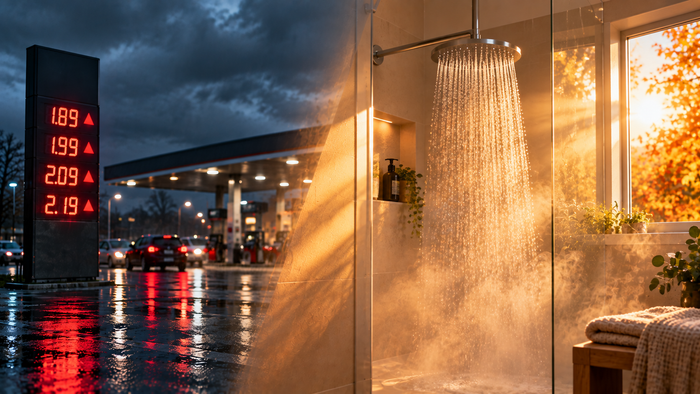 Steigende Spritpreise an der Tankstelle im Regen im Kontrast zu warmem Wasser im Sonnenlicht – Photovoltaik für Warmwasser